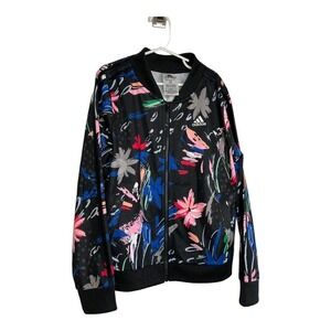 Adidas Track Jacket Girls L 14 Black Blue Pink Floral Full Zip Front Long Sleeve